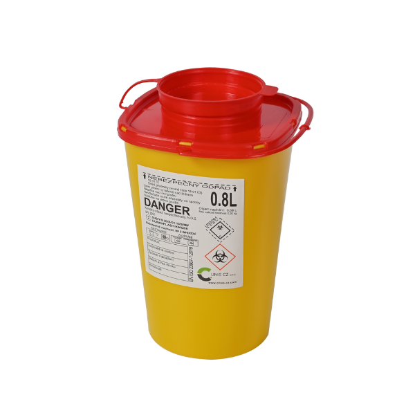 Disposable container for needles and sharps, volume 0.8 l